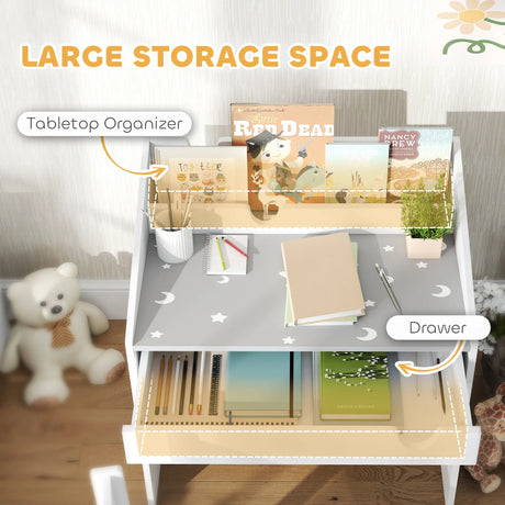 AIYAPLAY Children Study Table and Chair, Kids Desk and Chair Set with Storage, Pull-Out Drawer, for Ages 3-6 Years, Grey