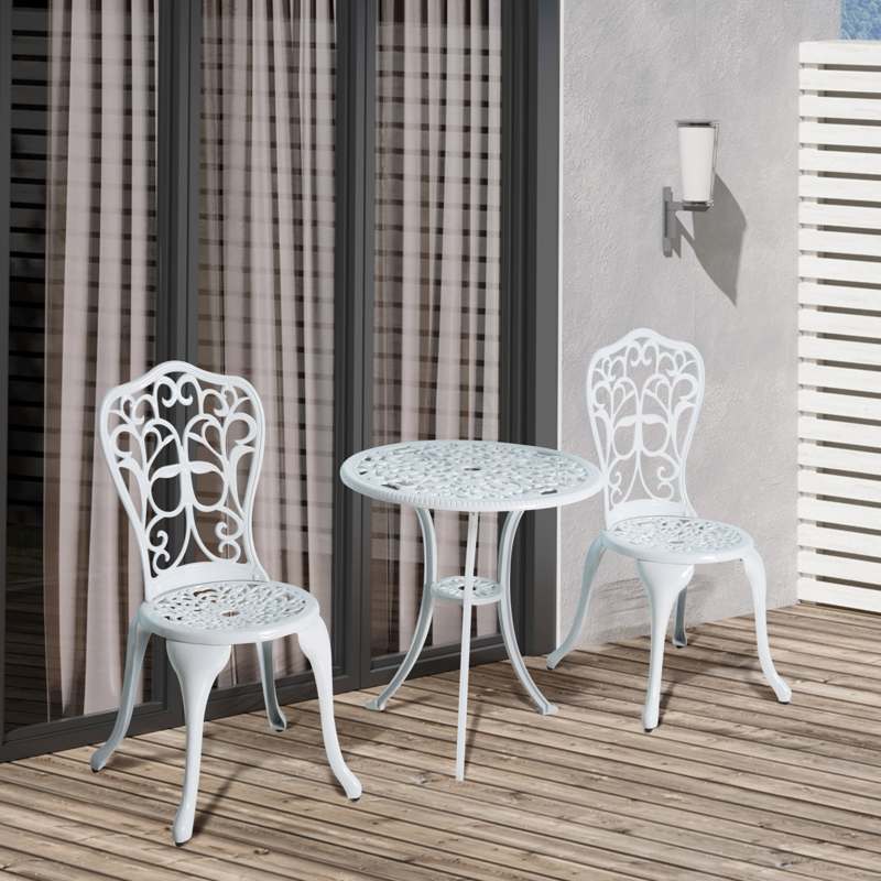 Outsunny 3 Pieces Antique Garden Bistro Set for 2, Cast Aluminium Garden Furniture Set with Umbrella Hole, White