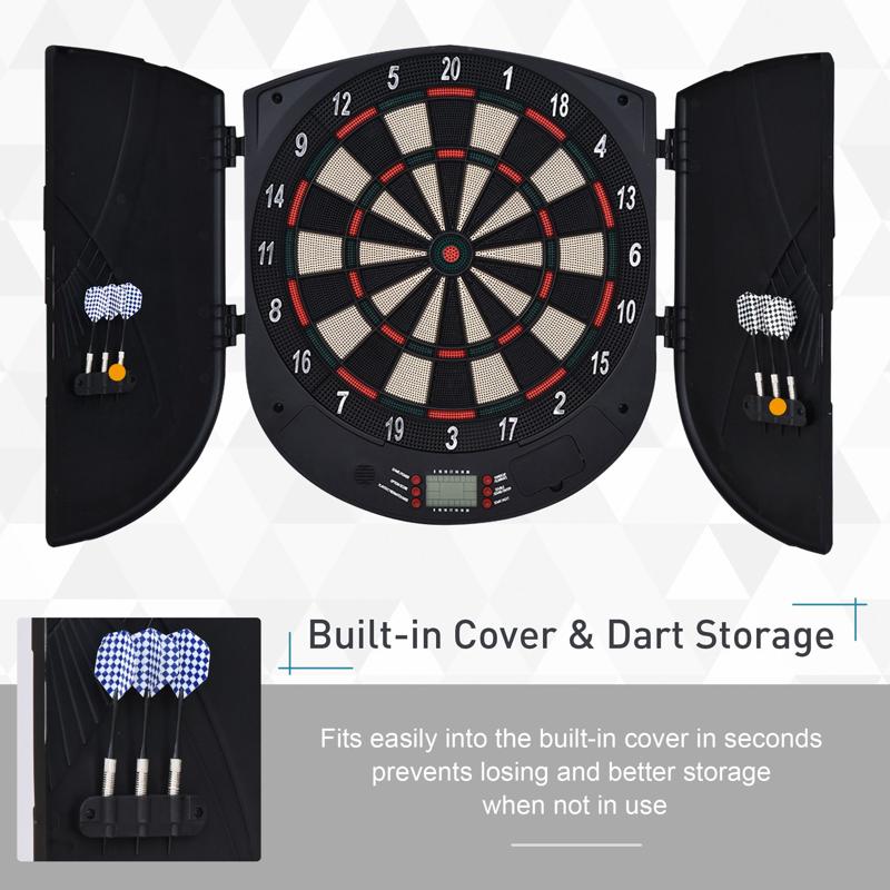 HOMCOM  Electronic Dartboard Set 26 Games and 185 Variations with 6 Darts and Cabinet to Stroage Multi-Game Option Ready-to-Play