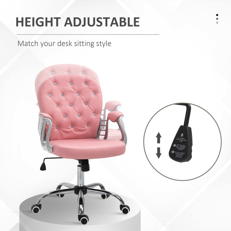 Vinsetto Office Chair Ergonomic 360 Swivel PU Diamante Padded Base 5 Castor Wheels for Home Work Pink