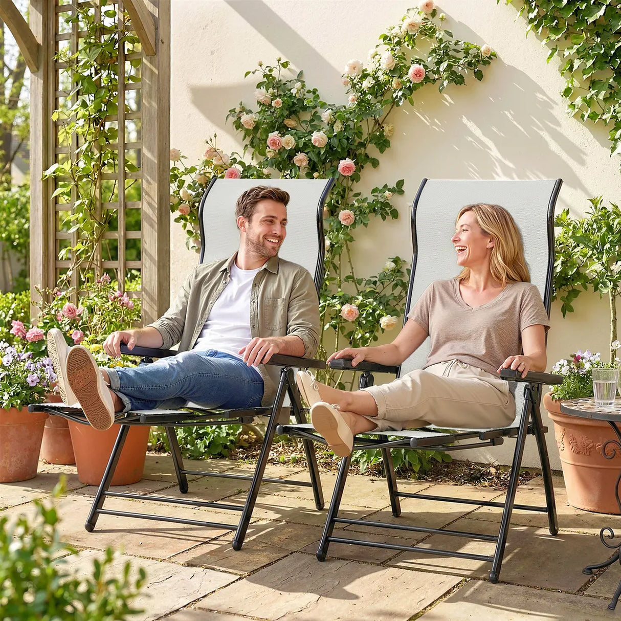 Outsunny Reclining Garden Chairs Set of 2, 5-Position Folding Sun Loungers with High Back, Retractable Footrest, Light Grey
