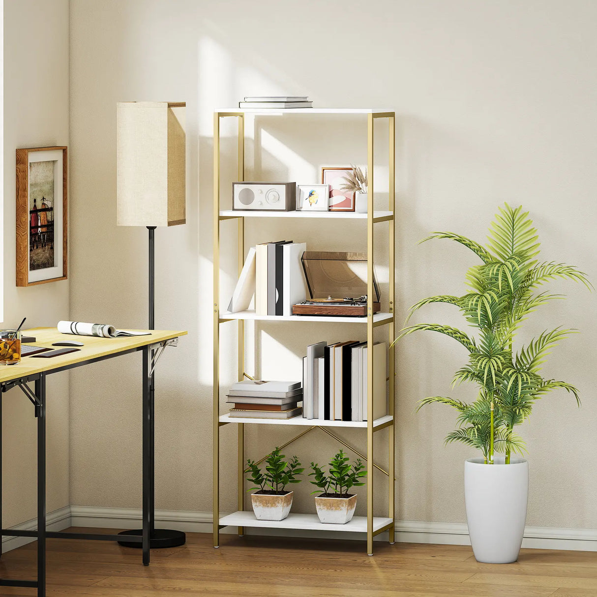 HOMCOM 5-Tier Bookshelf, Modern Bookcase with Metal Frame - White and Gold Tone