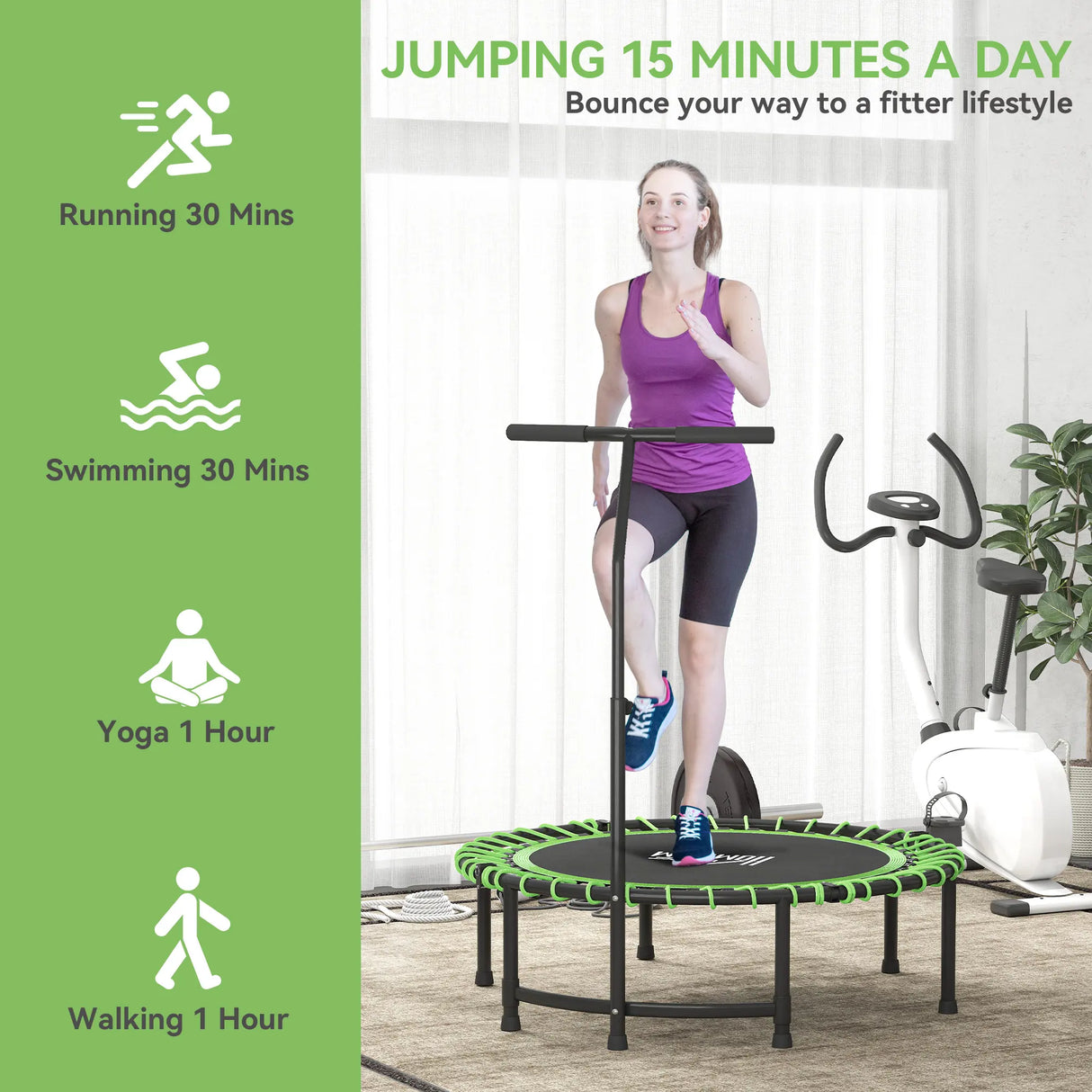 HOMCOM Mini Round Steel Frame Trampoline w/ Adjustable Handle, Green