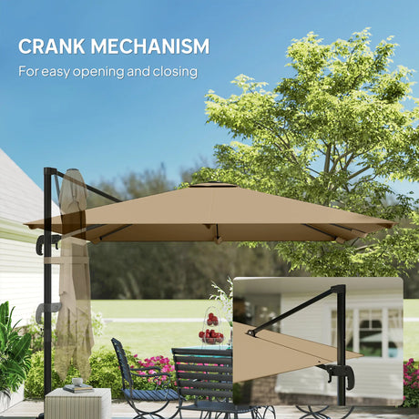 Outsunny 3 x 3 m Cantilever Parasol, Square Patio Umbrella with Crank Handle, Cross Base, Tilt, 360 Rotation, Khaki