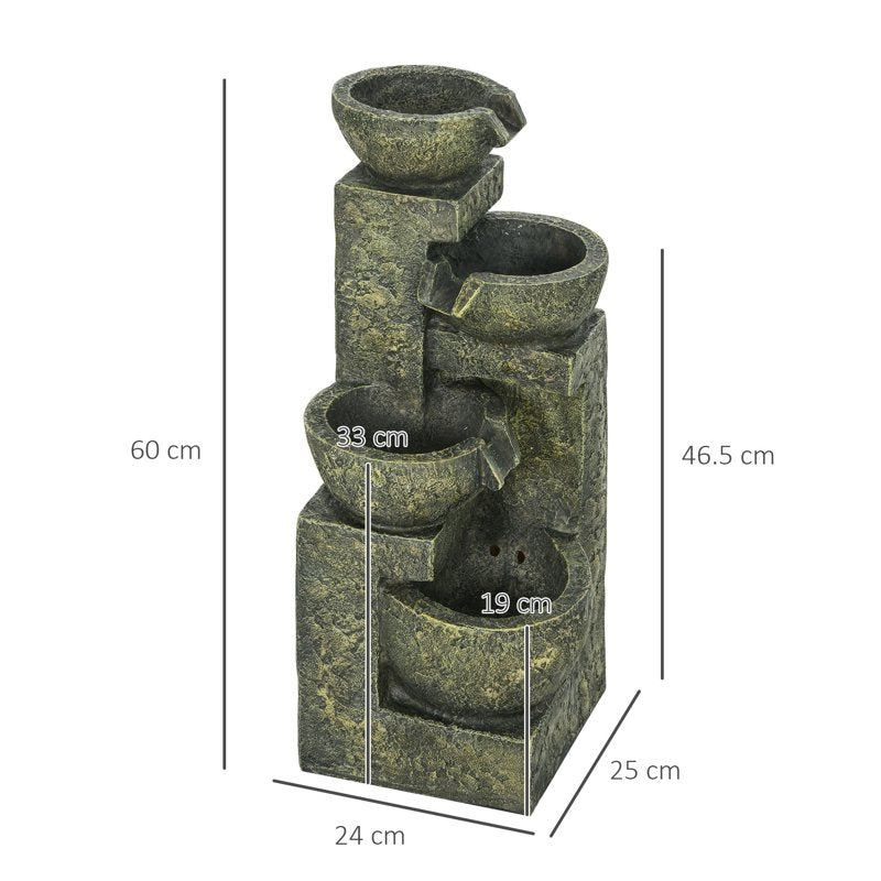 Outsunny Garden Water Feature Waterfall Fountain with 4-Tier Stone Look Bowls, Adjustable Flow, Black and Yellow