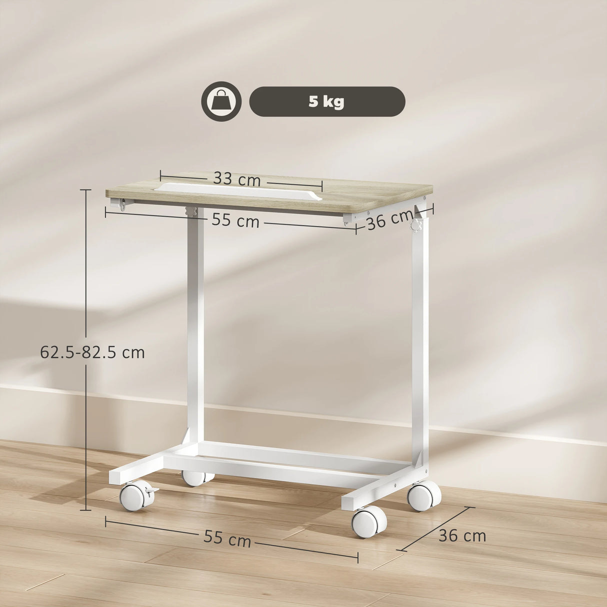 HOMCOM C-Shaped Sofa Side Table, Height Adjustable Overbed Table with Tilting Desktop, Mobile Laptop Desk for Living Room Bedroom, Oak and White