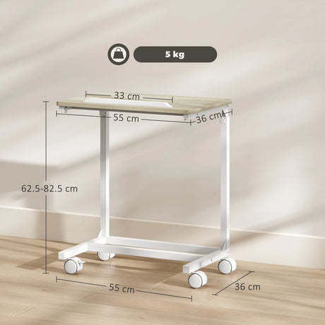 HOMCOM C-Shaped Sofa Side Table, Height Adjustable Overbed Table with Tilting Desktop, Mobile Laptop Desk for Living Room Bedroom, Oak and White