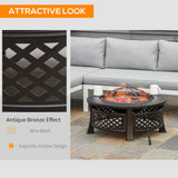 Outsunny Outdoor Fire Pit, Firepit with Grill Net, Mesh Lid, Poker, for Camping, Bonfire, Picnic, Bronze Tone