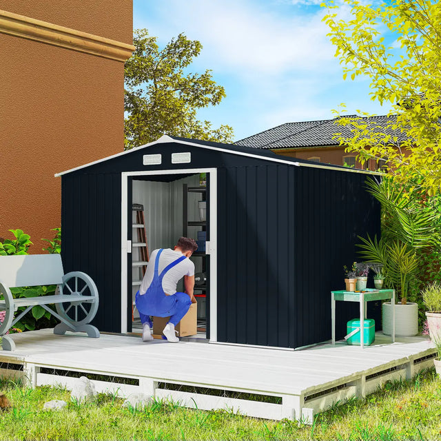 Outsunny 9 x 6ft Metal Bicycle Shed, Outdoor Storage Tool House with Ventilation Slots, Foundation Kit and Lockable Double Doors, Dark Grey