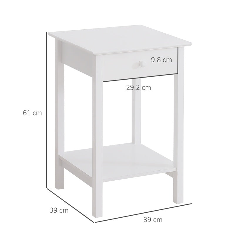 HOMCOM White Bedside Table, Wooden Side Table, Nightstand, Bedside Cabinet with Drawer and Storage Shelf for Bedroom and Living Room