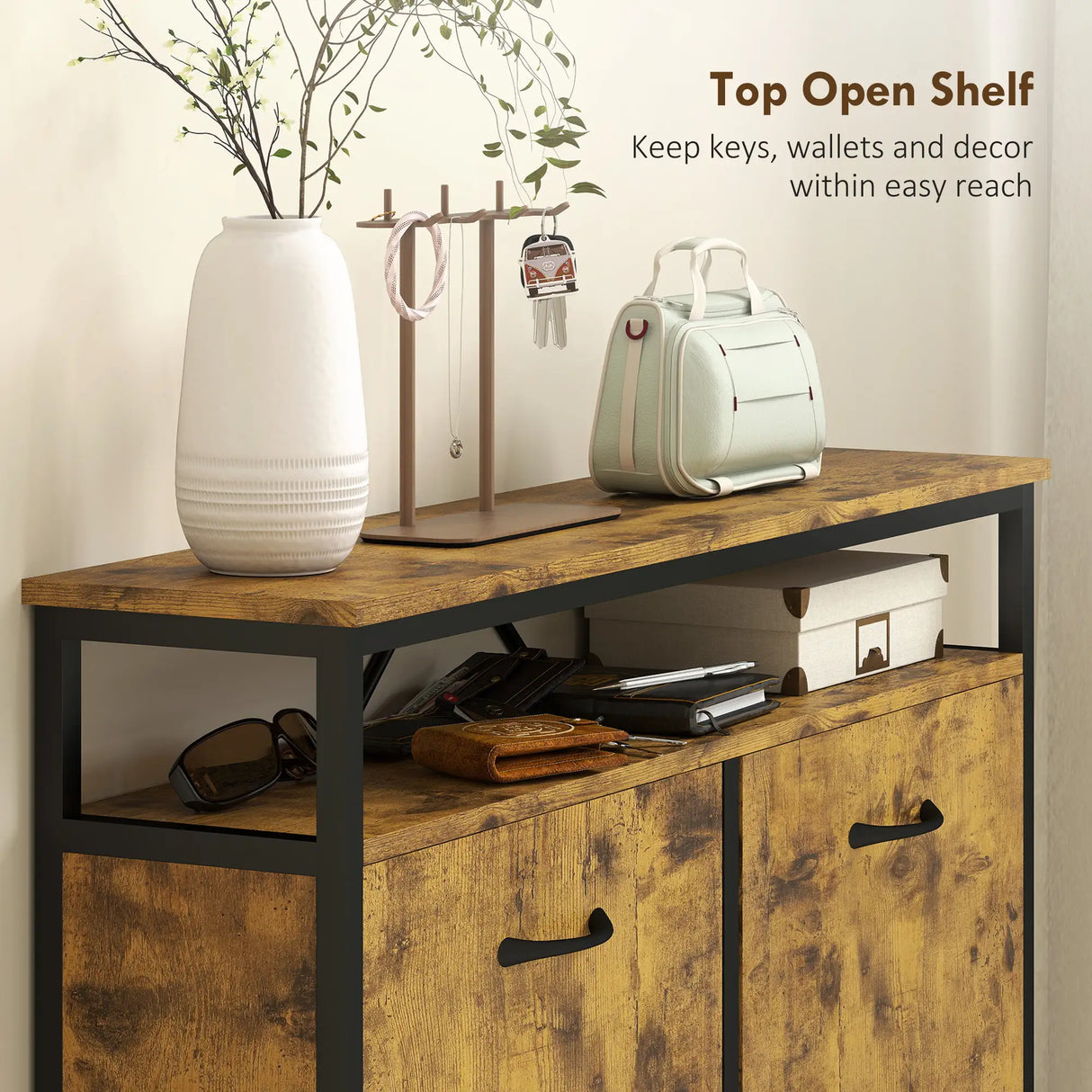 HOMCOM Shoe Storage Cabinet with 4 Flip Drawers and Open Shelf - Rustic Brown