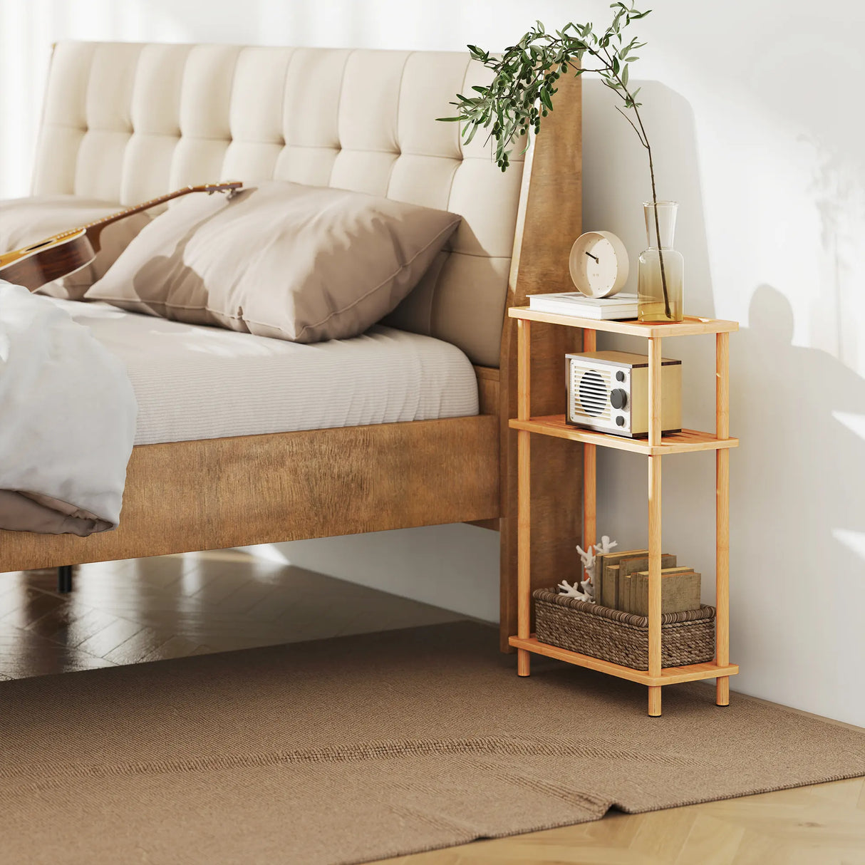 HOMCOM Bamboo Side Table, 3-Tier Slim End Table, Nordic Style, for Living Room, Bedroom, Office, Tool-Free Assembly, Natural Wood Finish