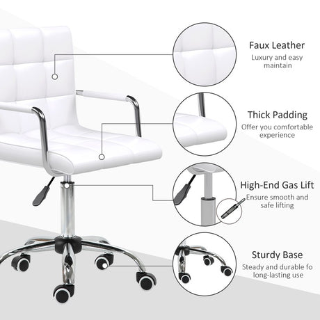 Vinsetto Office Chair, Makeup Vanity Chair, Mid Back Computer Chair, PU Leather Swivel Study Chair with Adjustable Height, Armrest and Rolling Wheels, White