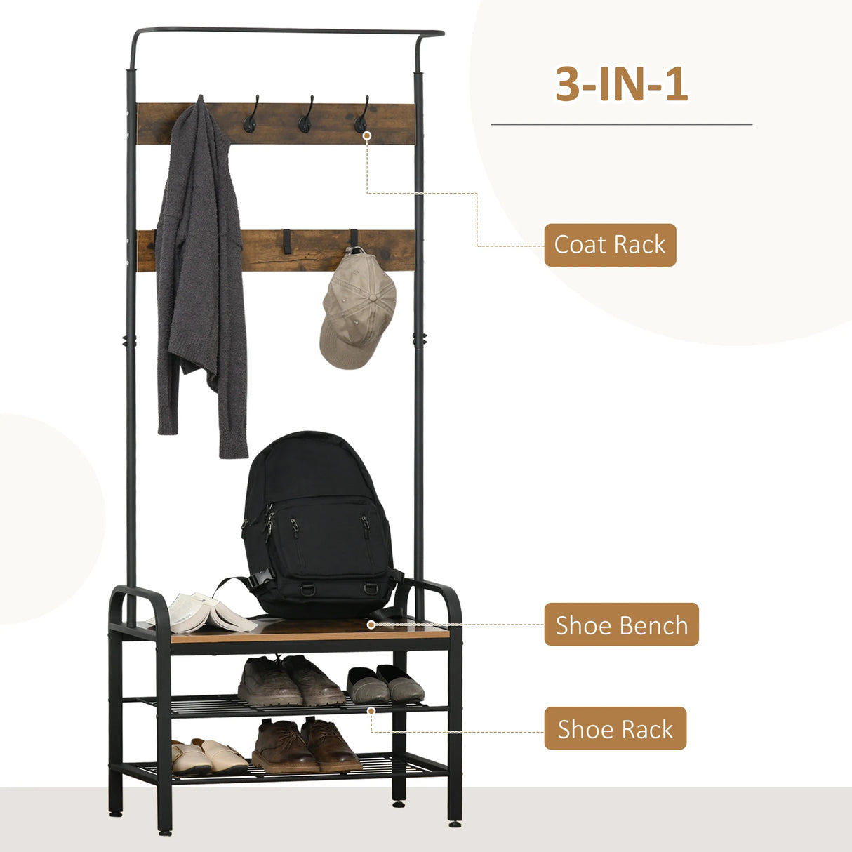 HOMCOM Coat Rack Stand Industrial hallway Shoe Rack Removable Hooks Metal Wood Hangers Storage Cabinet Rustic Brown 72L34W185H(cm)