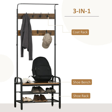 HOMCOM Coat Rack Stand Industrial hallway Shoe Rack Removable Hooks Metal Wood Hangers Storage Cabinet Rustic Brown 72L34W185H(cm)