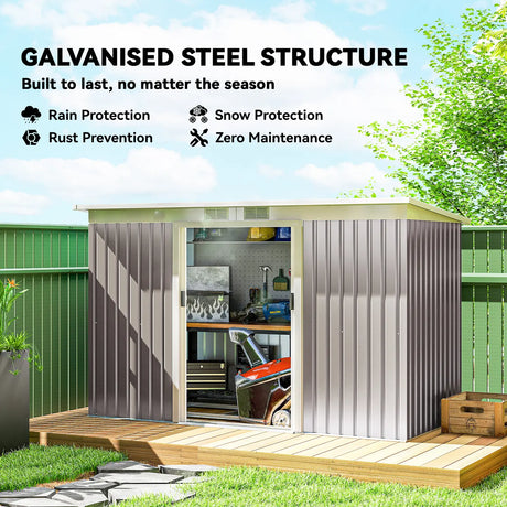 Outsunny Corrugated Garden Shed 9 x 4 Ventilated Lockable Tool Shed for Outdoor Equipment, Light Grey