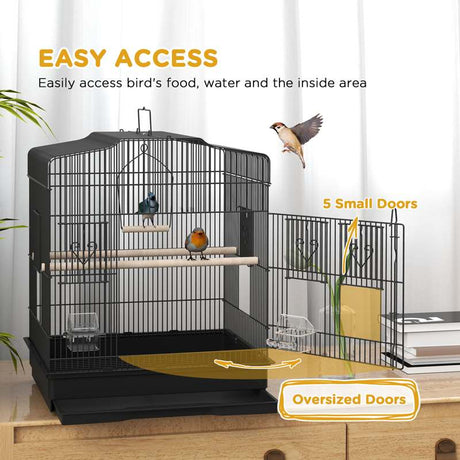 PawHut Large Metal Bird Cage with Stand, Perches, Food Bowls, Swing for Budgie, Parakeet, 46.5 x 36 x 59cm, Black