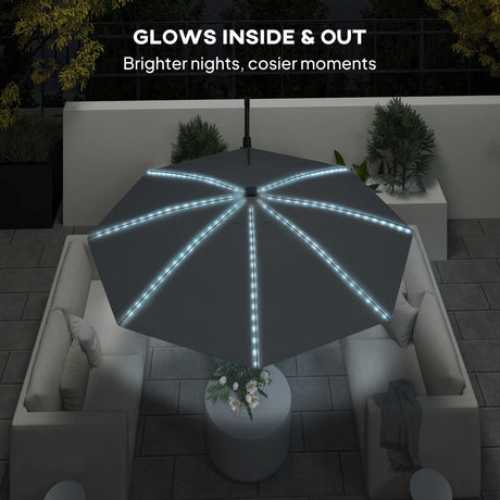 Outsunny 3(m) Cantilever Garden Parasol with Solar Powered Lights, Crank Handle & Cross Base, UPF 50+, 360 Rotation, Dark Grey