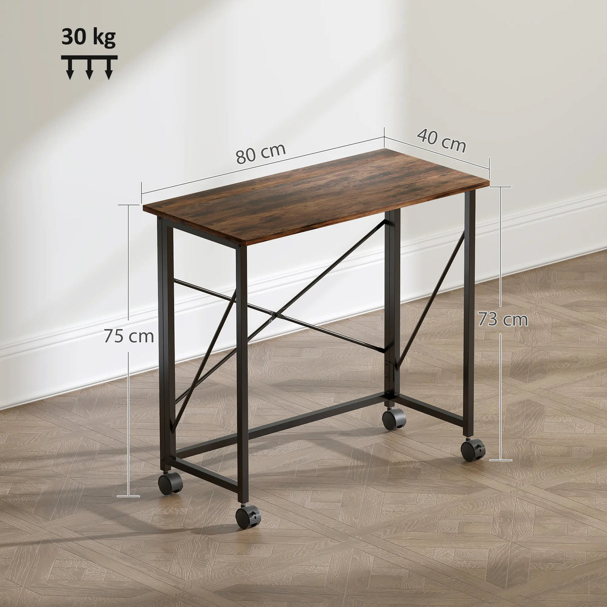 HOMCOM 80 cm Folding Desk on Wheels - Rustic Brown
