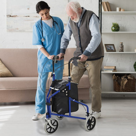 HOMCOM Metal Foldable 3-Wheel Rollator w/ Bag Blue/Black