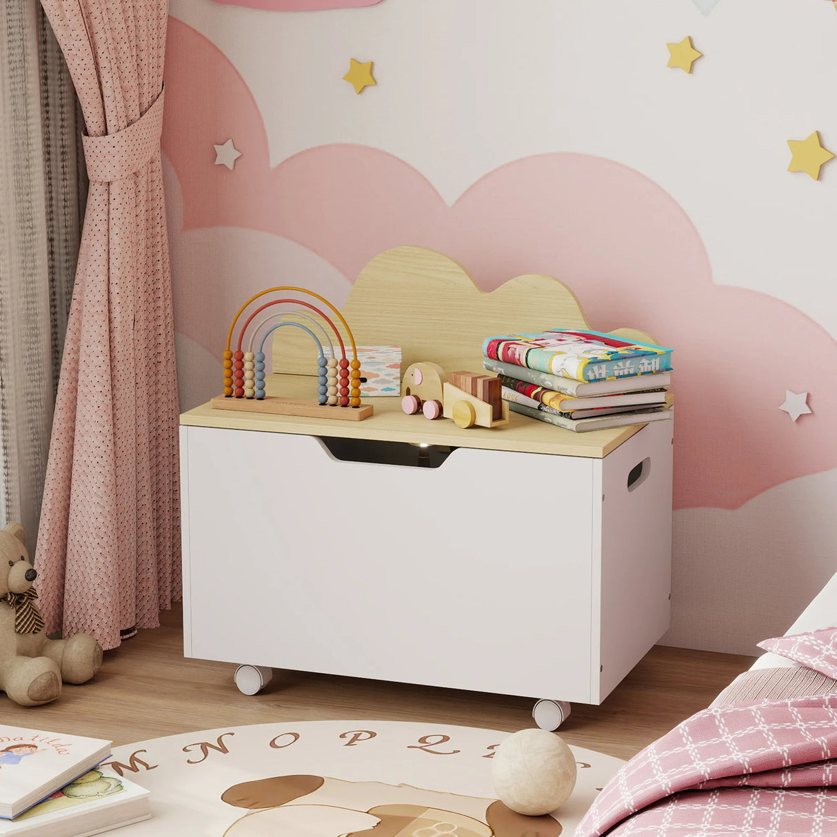 AIYAPLAY Toy Box with Lid, Toy Chest with Wheels and Safety Hinges, Toddler Storage Organiser for Playroom, Bedroom, White