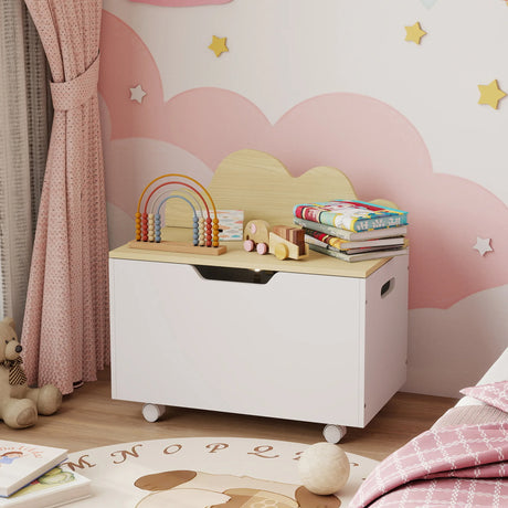 AIYAPLAY Toy Box with Lid, Toy Chest with Wheels and Safety Hinges, Toddler Storage Organiser for Playroom, Bedroom, White