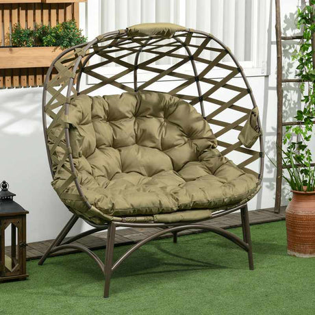 Outsunny 2 Seater Egg Chair Outdoor, Folding Weave Garden Furniture Chair with Cushion, Cup Pockets - Khaki