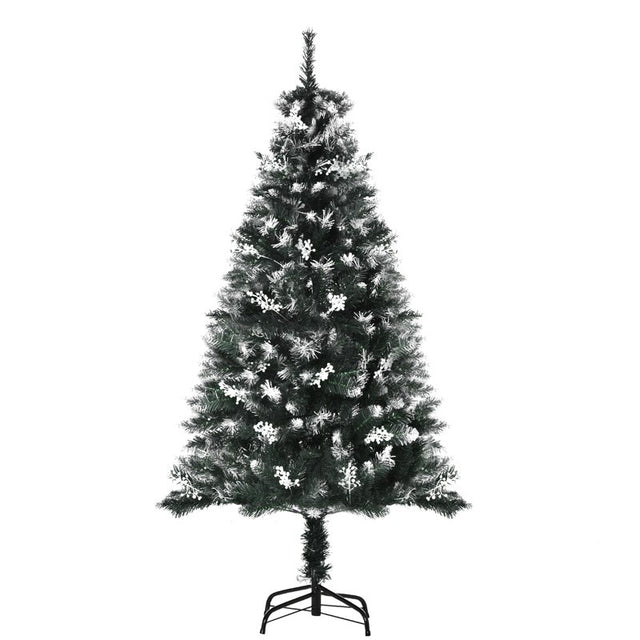 HOMCOM 5FT Artificial Snow-Dipped Christmas Tree Xmas | Home Home Indoor Decoration | Removable Stand w/ White Berries Star Topper Branch Green