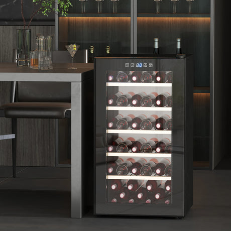 HOMCOM 41 Bottle Wine Fridge, 91 Litre Capacity, 45cm Freestanding Wine Cooler Fridge with Glass Door, LED Light, Digital Touch Screen, Temperature Control, Black