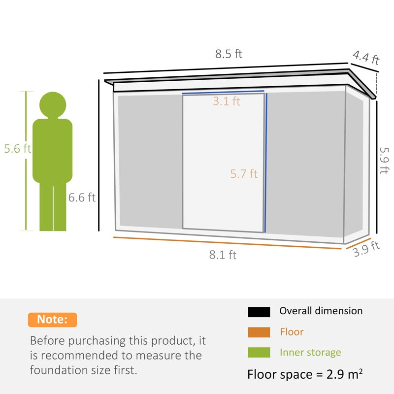 Outsunny Metal Garden Storage Shed, Tool Storage House with Double Sliding Doors and Lightsky Panels, 8.5 x 4ft