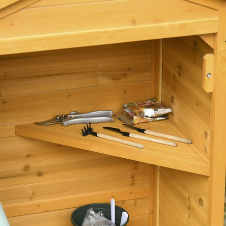 Outsunny Wooden Garden Shed, Outdoor Storage Cabinet with 2 Shelves and Hooks, Locking Organiser Outdoor Narrow Tool House, 74x55x155cm, Yellow