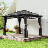 Outsunny 3 x 4m Hardtop Gazebo with Galvanised Steel Roof and Water Gutter, Waterproof Permanent Pavilion Garden Gazebo with Netting and Curtains for Patio, Deck