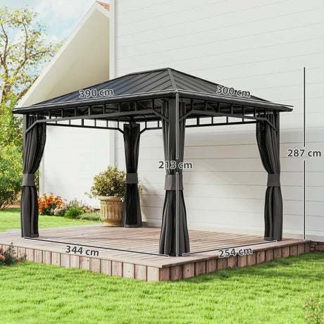 Outsunny 3 x 4m Hardtop Gazebo with Galvanised Steel Roof and Water Gutter, Waterproof Permanent Pavilion Garden Gazebo with Netting and Curtains for Patio, Deck