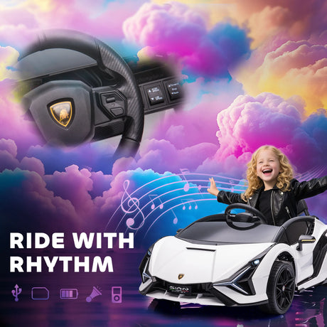 HOMCOM Lamborghini Sian Licensed 12V Kids Electric Ride On Car 2 Motors Toy Car with Remote Control Music Lights MP3 for 3-5 Years White