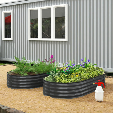 Outsunny Galvanised Raised Garden Bed, Metal Planter Box with Safety Edging, for Flowers, Herbs, Succulents, Dark Grey