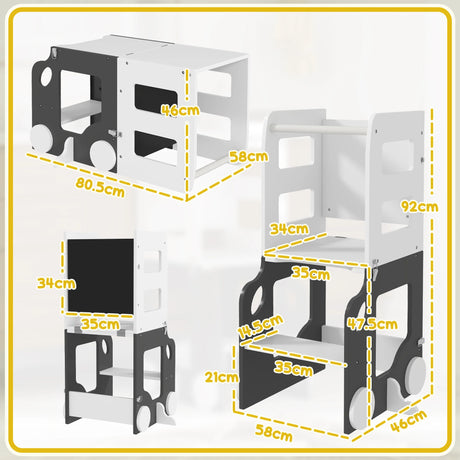 AIYAPLAY Toddler Step Stool, 4 in 1 Standing Tower, Foldable Toddler Step with Safety Rail, for Kitchen, Bathroom, Grey