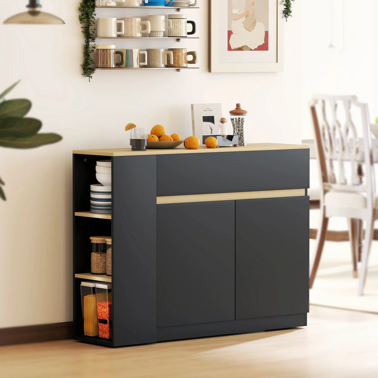 HOMCOM Sideboard, Storage Cabinet with Adjustable Shelf, 2 Drawers, 3 Open Shelves, Black