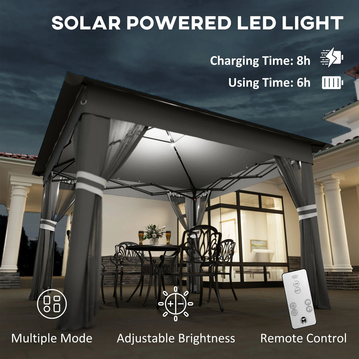 Outsunny 3.36 x 3.36m Pop Up Gazebo Party Tent with Solar-Powered LED Lights, Adjustable Event Shelter with Netting, Grey