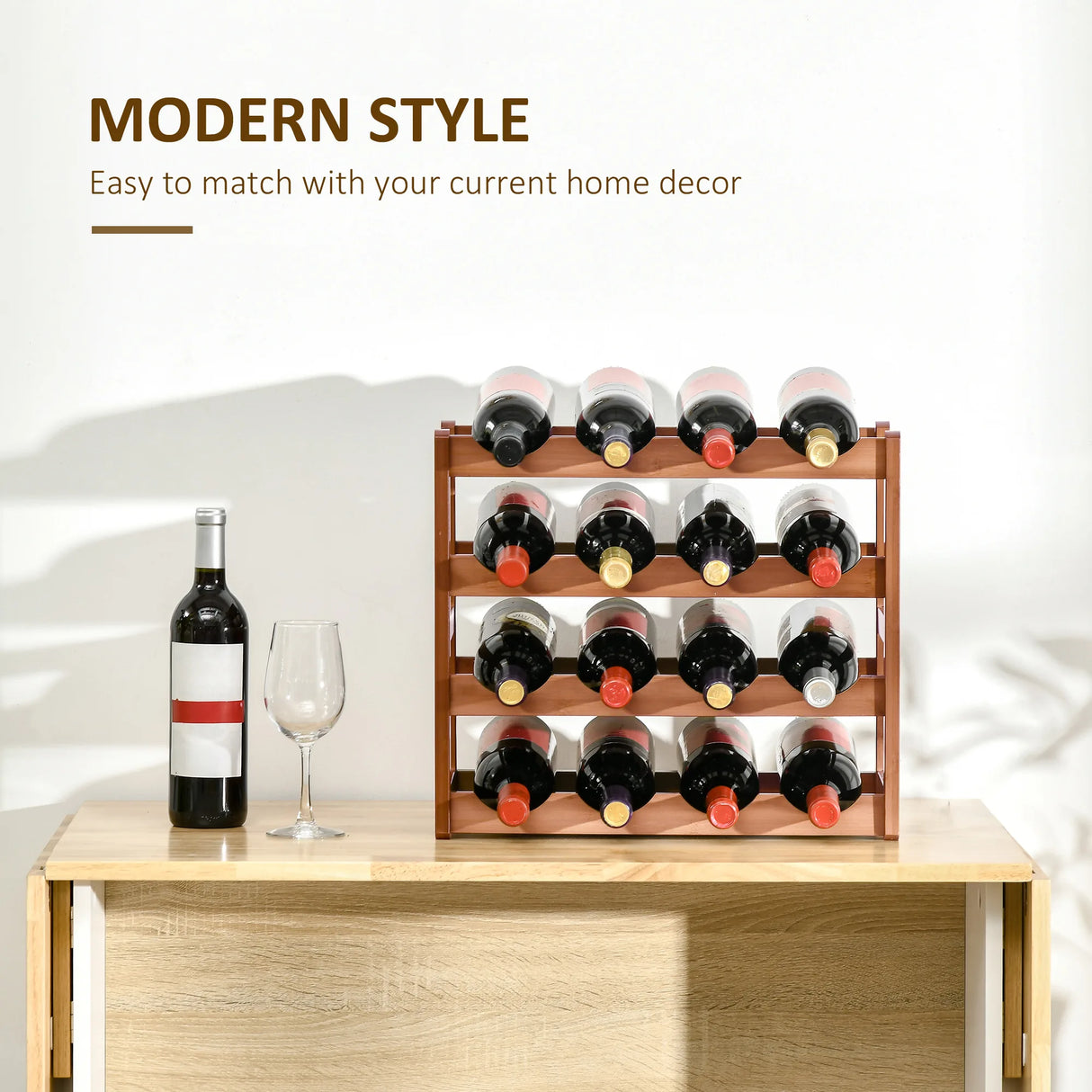 HOMCOM Free Standing Bamboo Wine Rack with 16 Bottles Holder, 4-tier Water Bottle Organiser, Display Shelf for Countertop, Home Bar, Brown
