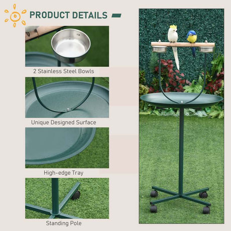 PawHut Bird Perch Stand with Perch, Four Wheels, Feeding Bowls for Small & Medium Birds, Green