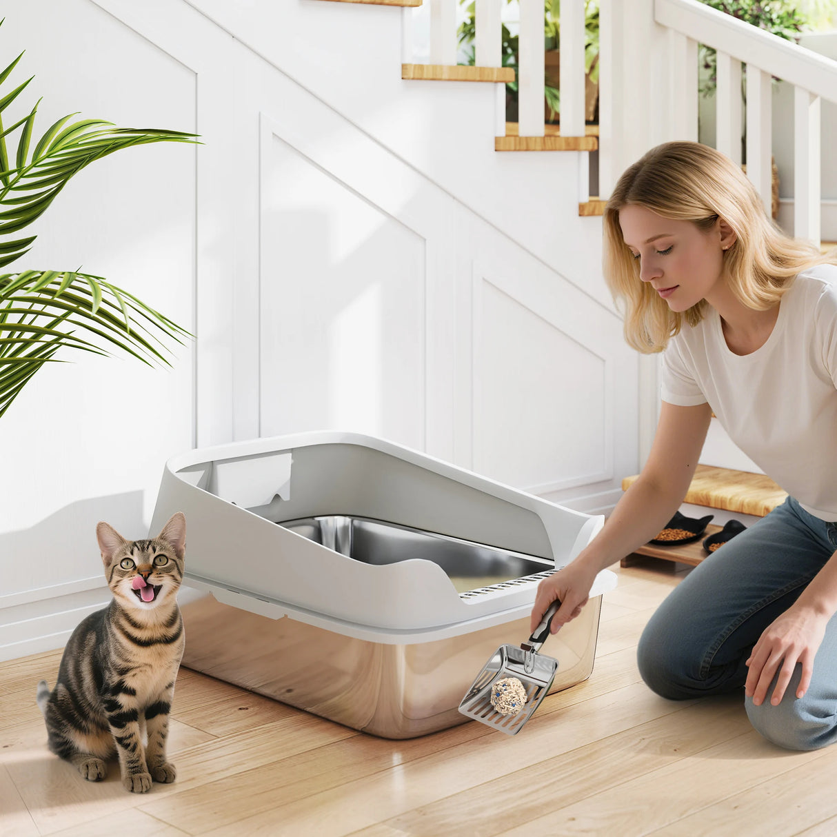PawHut XXL Stainless Steel Cat Litter Box with High Sides, Metal Scoop, 70 x 50 x 30 cm
