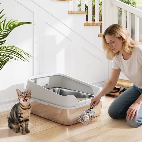 PawHut XXL Stainless Steel Cat Litter Box with High Sides, Metal Scoop, 70 x 50 x 30 cm