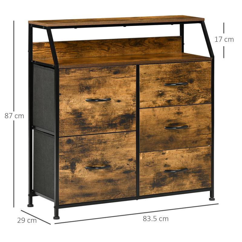 HOMCOM Bedroom Chest of Drawers, Industrial 5 Fabric Drawer Dresser with Open Shelf for Living Room, Rustic Brown