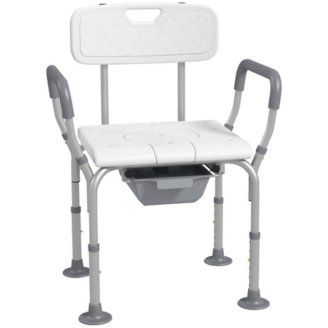 HOMCOM Height Adjustable Shower Stool with Arms and Back, Non-Slip Bedside Commode with Detachable Bucket for Elderly, White