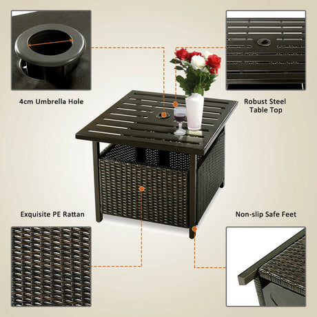 Rattan Coffee Table with Umbrella Hole & Metal Tabletop for Outdoor