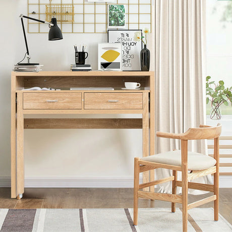 Extending Writing Desk Console Table with 2 Drawers-Natural