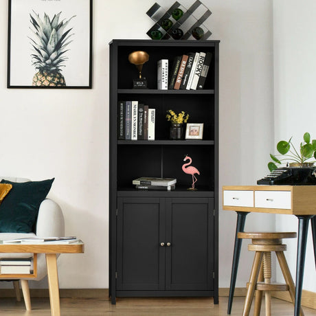 3-Shelf Bookcase with Double Doors &amp; Adjustable Shelves &amp; Cabinet-Black