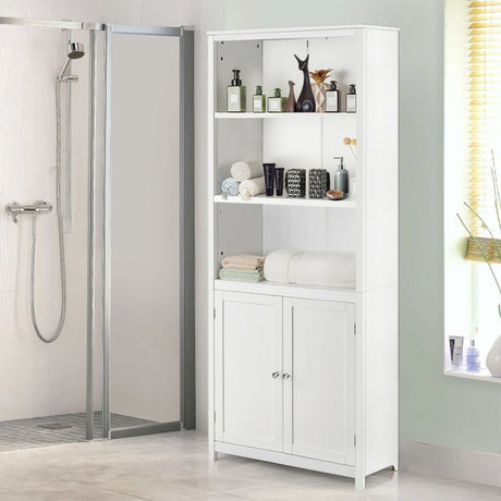 3-Shelf Bookcase with Double Doors &amp; Adjustable Shelves &amp; Cabinet-White
