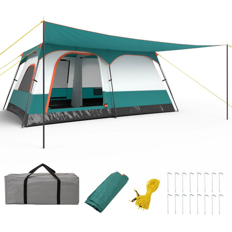 8-10 Person Camping Tent with Double Rooms and 2 Doors-Green