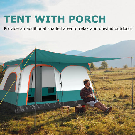 6-8 Person Camping Tent with Double Rooms and 2 Doors-Green